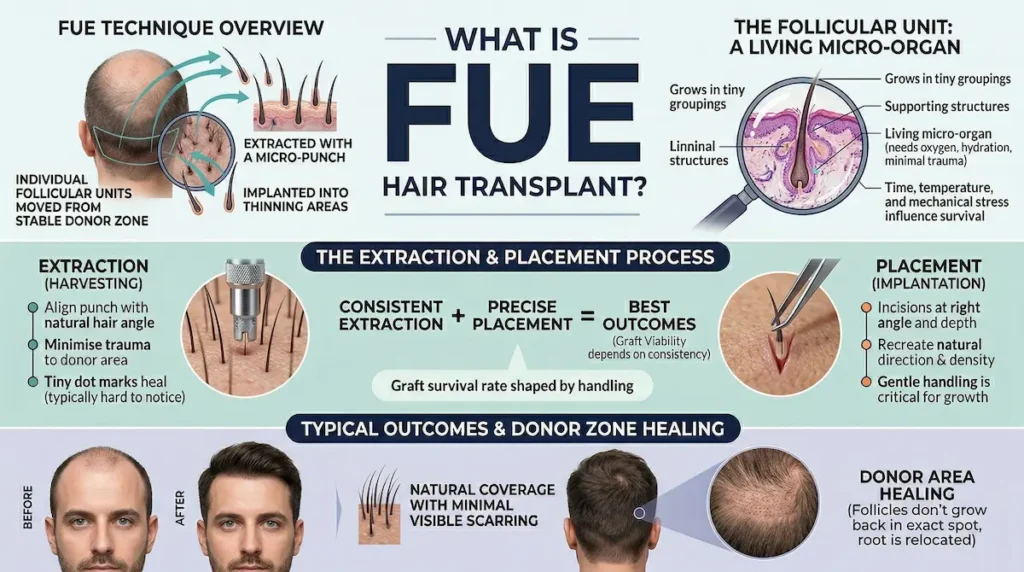 FUE Hair Transplant infographic explaining follicular unit extraction, graft handling, extraction and placement steps, and donor area healing.