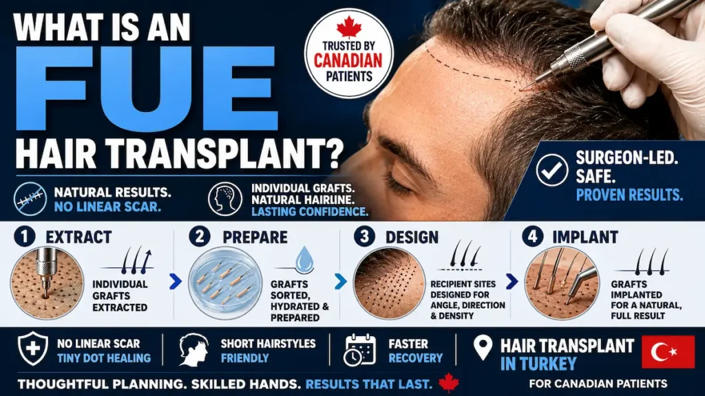 FUE hair transplant infographic showing graft extraction, preparation, hairline design and implantation for Canadian patients.