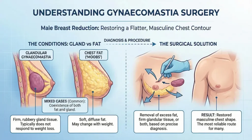 Diagram of gynaecomastia surgery showing gland vs chest fat (moobs) and treatment options for a flatter male chest.