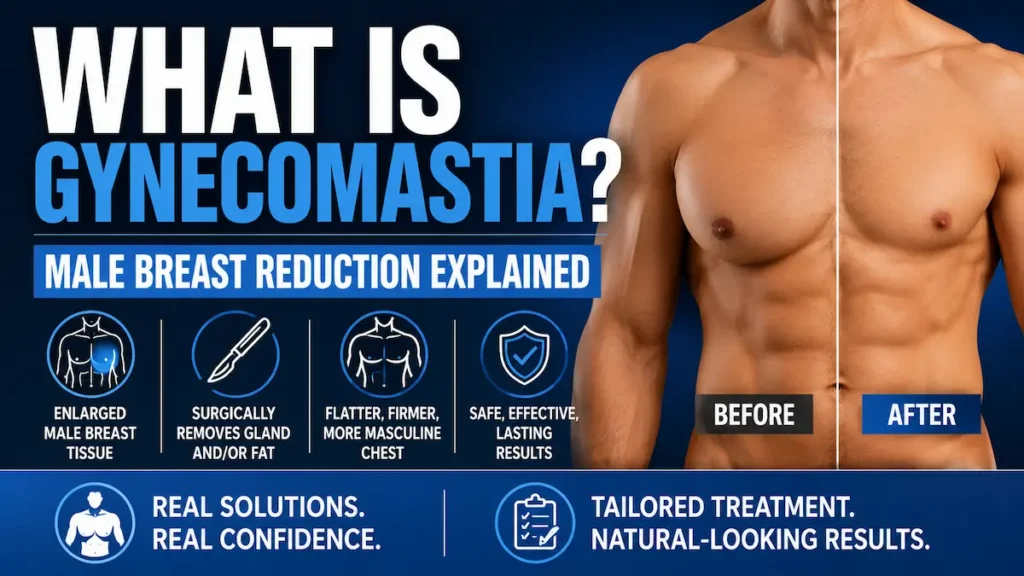 Gynecomastia surgery infographic showing male breast tissue and before-after chest contour comparison