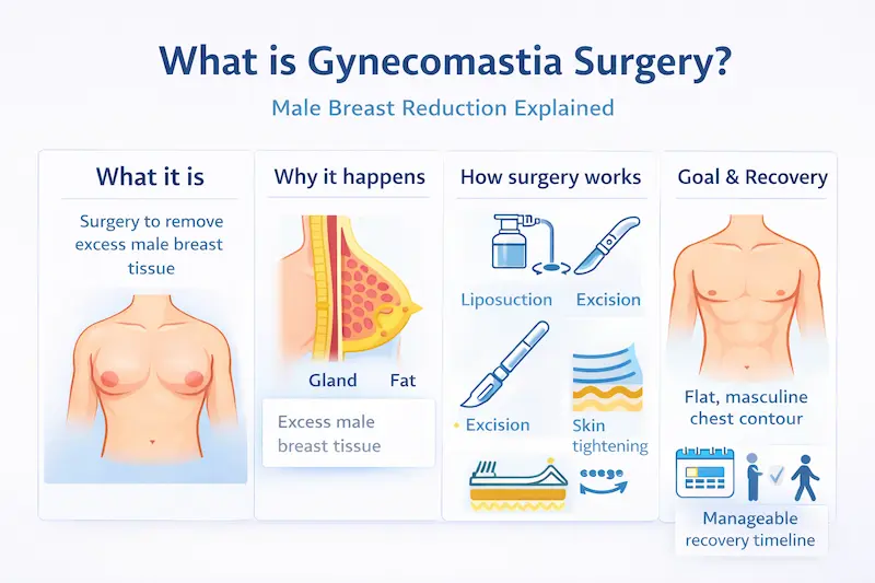 What is Gynecomastia Surgery infographic explaining male breast reduction, causes (gland vs fat), and treatment options.