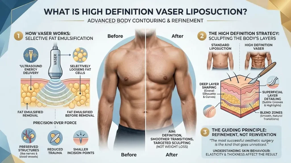 High Def Vaser Liposuction infographic showing ultrasound fat emulsification, deep and superficial sculpting layers, before-and-after definition.