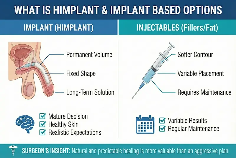 What is Himplant? infographic comparing implant-based options vs fillers/fat injectables for penis enlargement.