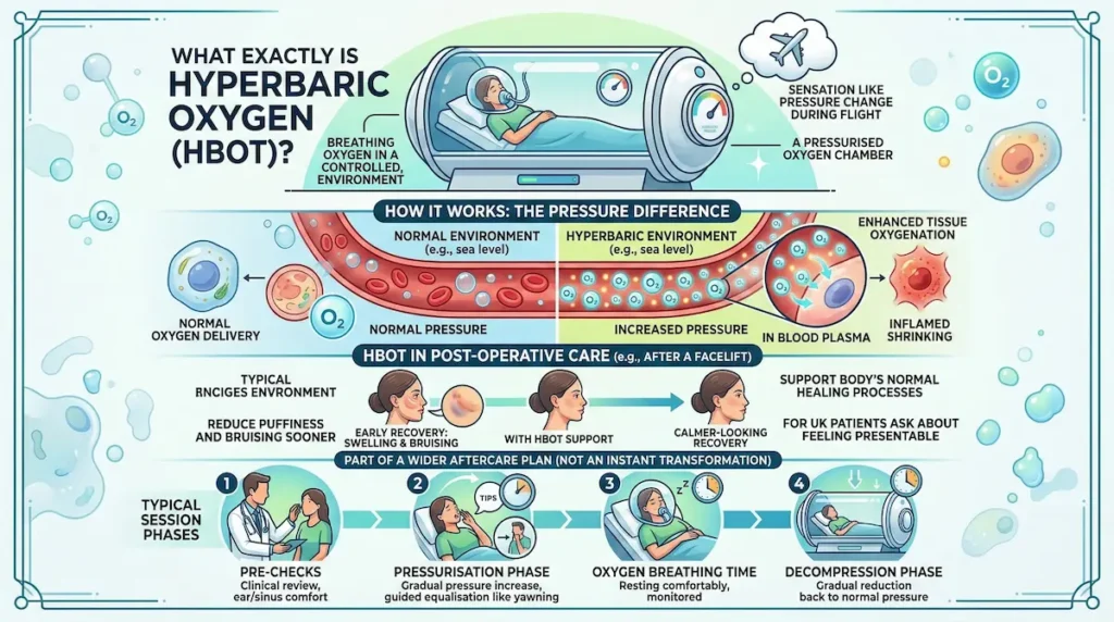 Hyperbaric Oxygen Therapy (HBOT) infographic explaining how a pressurised oxygen chamber increases tissue oxygenation and supports post-operative recovery.