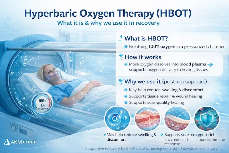 What is hyperbaric oxygen therapy (HBOT) infographic showing a patient in chamber and post-op recovery support.