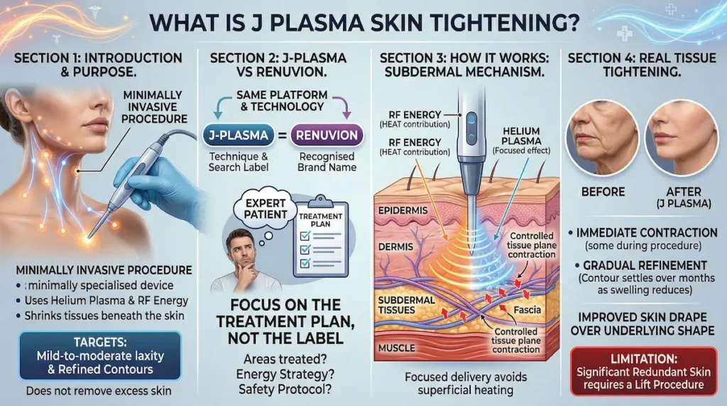 What is J-Plasma Skin Tightening (Renuvion) infographic showing helium plasma and RF energy for subdermal tissue contraction.