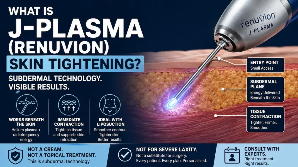J-Plasma (Renuvion) skin tightening infographic showing subdermal helium plasma and radiofrequency energy for tissue contraction.