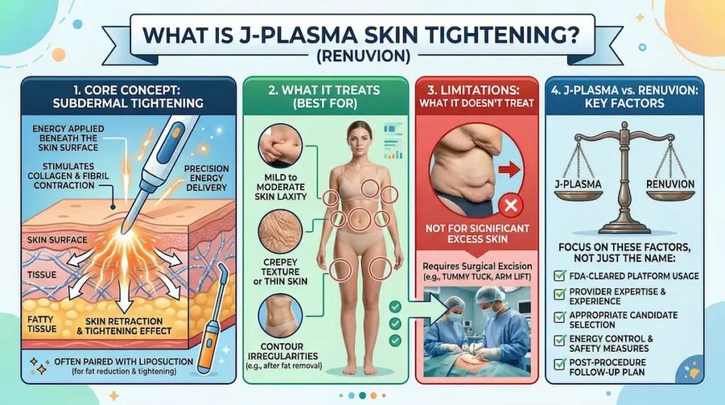 What is J-Plasma skin tightening infographic showing subdermal tightening, treatment uses, limitations, and J-Plasma vs Renuvion