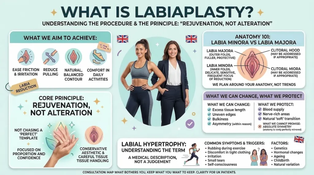 Labiaplasty explainer infographic showing labia reduction goals, anatomy (labia minora vs labia majora), and the “rejuvenation, not alteration” approach.
