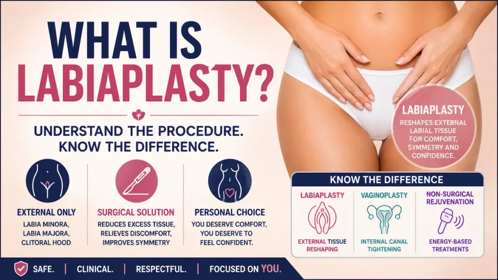 Labiaplasty infographic explaining external labial tissue reshaping and how it differs from vaginoplasty and non-surgical rejuvenation.