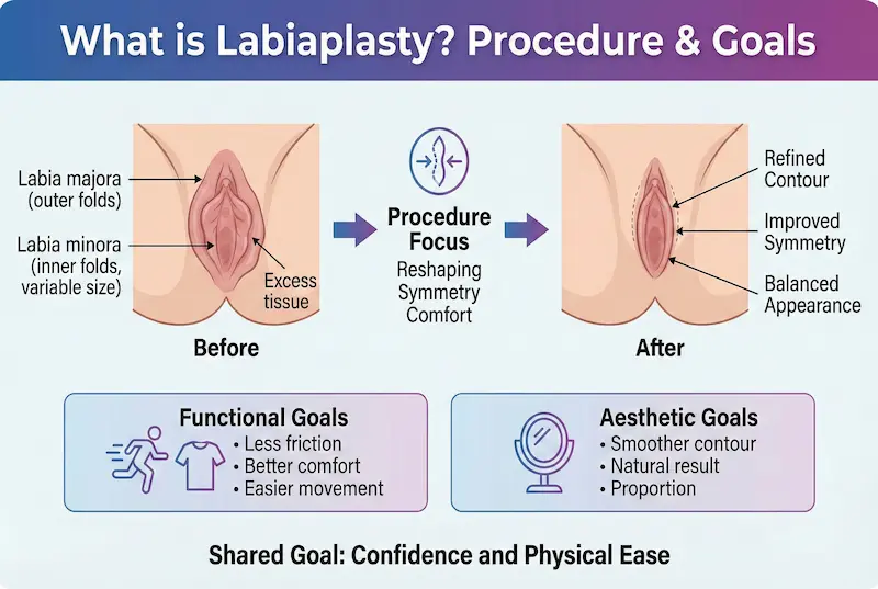 Labiaplasty infographic showing procedure focus (reshaping, symmetry, comfort) with before-and-after goals.