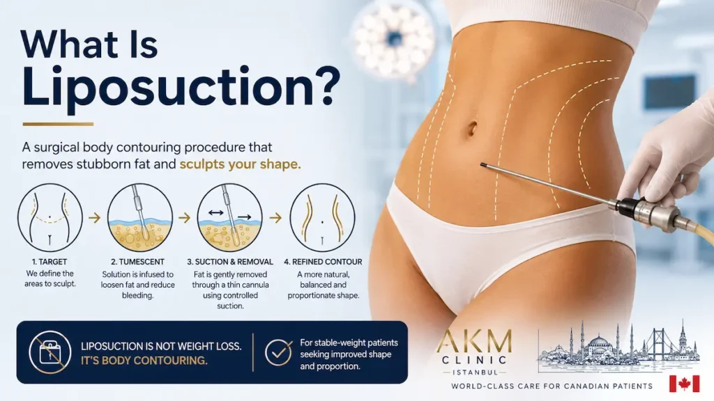 Liposuction body contouring infographic showing tumescent fat removal and refined waist sculpting for Canadian patients.