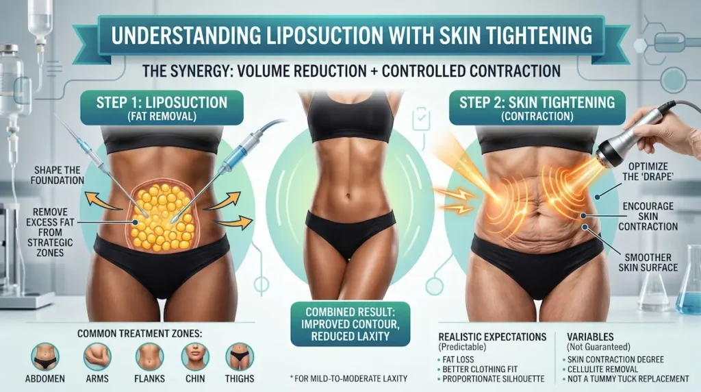 Educational infographic explaining what is liposuction, showing how liposuction with skin tightening improves body contour and reduces skin laxity.