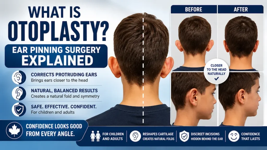Otoplasty ear pinning surgery infographic showing prominent ears before and after correction