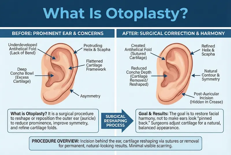 Otoplasty (Ear Surgery) infographic explaining prominent ear causes and surgical correction for improved symmetry.