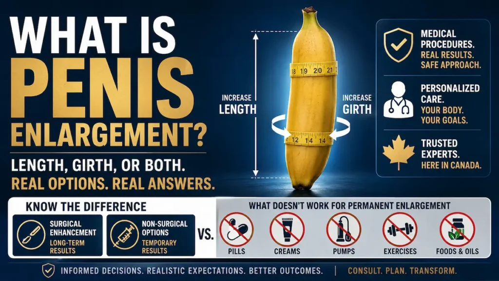 Penis enlargement infographic explaining length, girth, surgical options, and non-surgical limits for Canadian patients.