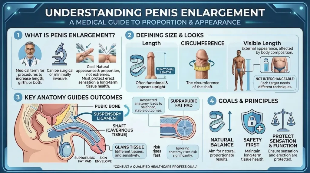 Penis Enlargement infographic explaining length vs girth, visible length, key anatomy, safety-first goals and recovery principles.