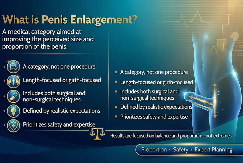 What Is Penis Enlargement? infographic explaining options, length vs girth, safety, and realistic expectations