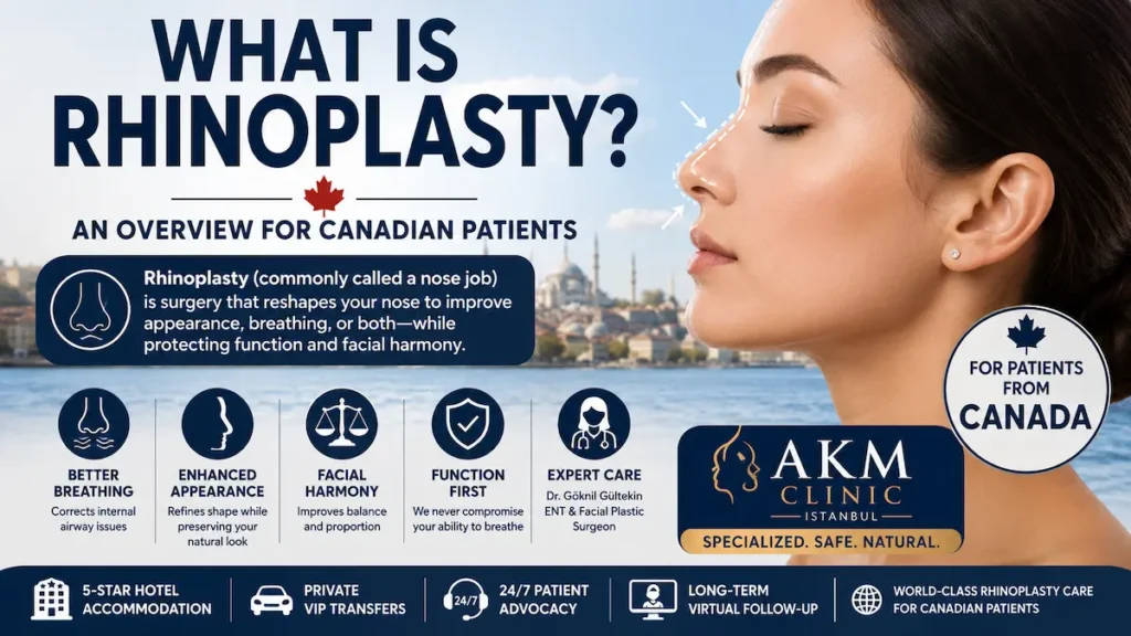 Rhinoplasty overview for Canadian patients showing nose reshaping, breathing benefits, and AKM Clinic care.