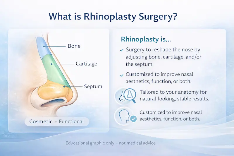 Rhinoplasty surgery infographic showing nose anatomy (bone, cartilage, septum) and cosmetic + functional goals.
