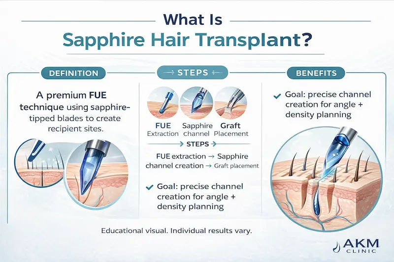 What Is Sapphire FUE Hair Transplant? Infographic explaining FUE extraction, sapphire channel creation, and graft placement.
