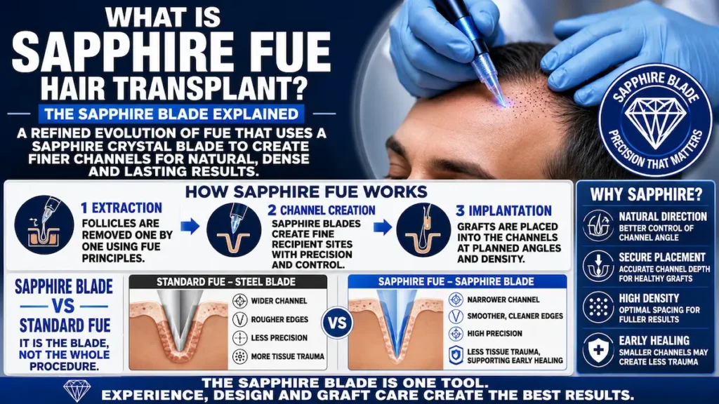 Sapphire FUE hair transplant infographic explaining sapphire blade channel creation and implantation.