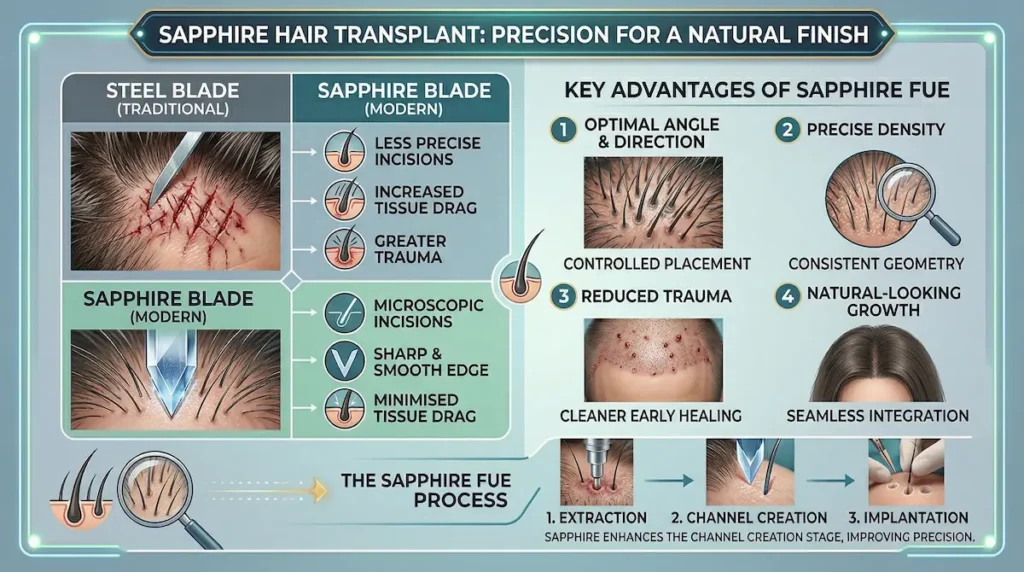 Sapphire Hair Transplant infographic explaining Sapphire FUE, sapphire blade vs steel blade, and key advantages for natural-looking results