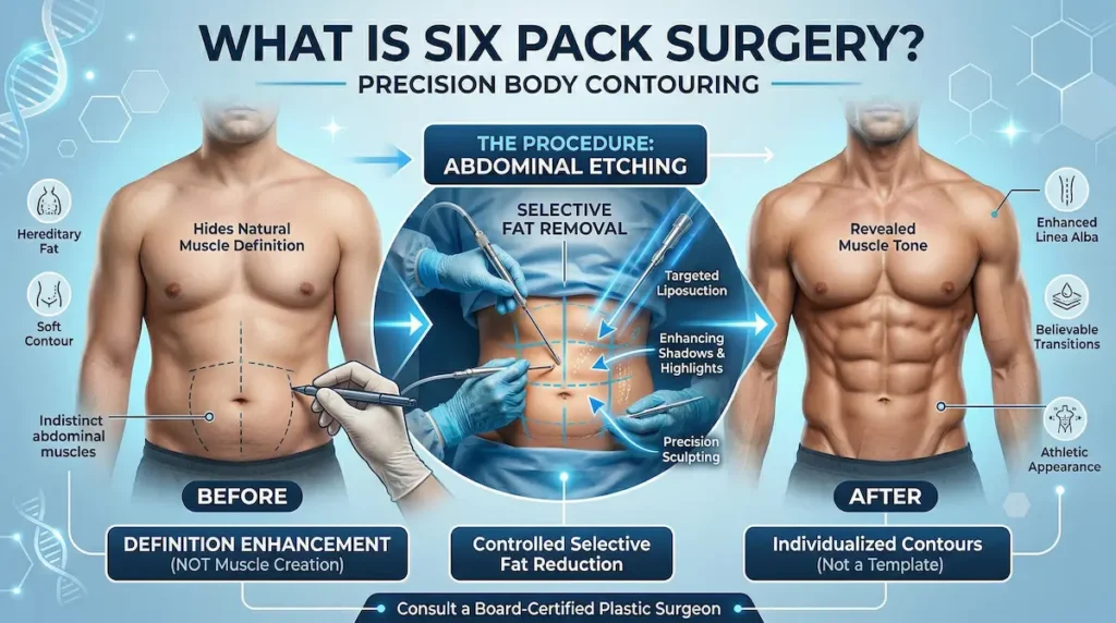 Six pack surgery infographic showing abdominal etching with targeted liposuction to enhance natural six-pack definition before vs after.