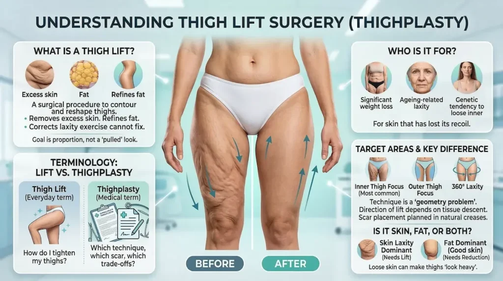 Thigh Lift surgery (thighplasty) infographic explaining candidates, target areas, terminology, and before-and-after concept