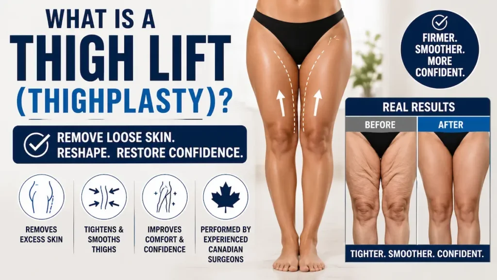 Thigh lift (thighplasty) infographic showing loose thigh skin removal, smoother leg contour, and before-after style results.