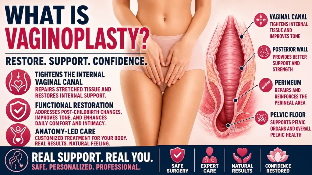 Vaginoplasty in Turkey infographic showing vaginal canal, posterior wall, perineum, and pelvic-floor anatomy.