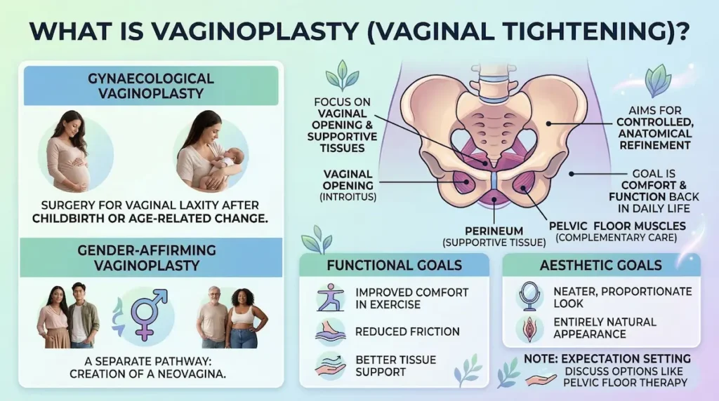 What is vaginoplasty (vaginal tightening) infographic showing pelvic anatomy, vaginal opening, perineum support, and patient goals.