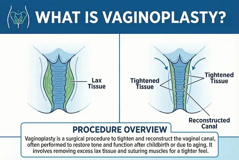 What is vaginoplasty infographic showing a procedure overview with lax tissue vs tightened tissue and a reconstructed canal diagram.