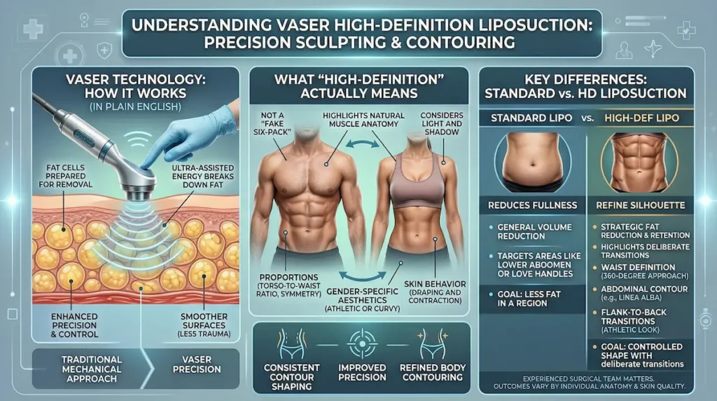 Infographic explaining what is vaser high-def liposuction, how VASER ultrasound technology works, and standard vs high-definition liposuction differences.