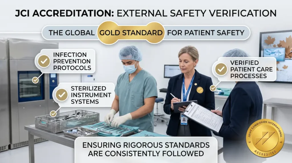 JCI accreditation hospital safety inspection showing sterilized instrument systems, infection prevention protocols, and verified patient care processes in an accredited surgical facility.