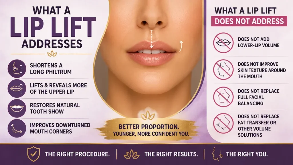 Lip lift in Turkey infographic explaining long philtrum, upper lip lift, tooth show, and what lip lift surgery does not address.