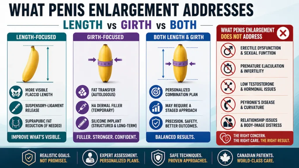 Penis enlargement infographic comparing length, girth, combined options, and concerns it does not treat.