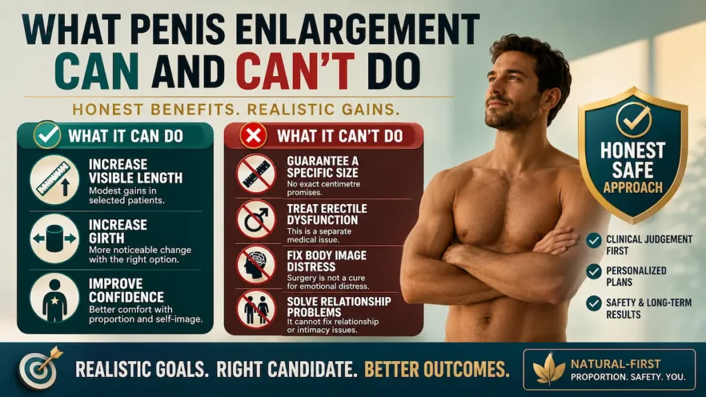 Penis enlargement infographic showing realistic benefits, visible length, girth, and limits for Canadian patients.