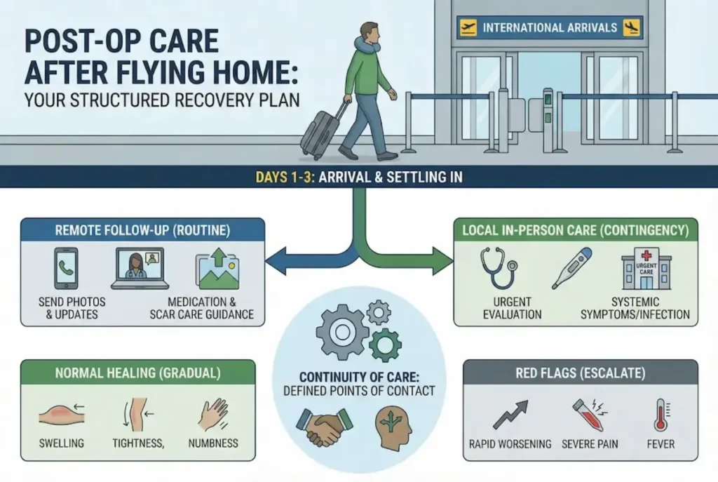 Post-op care actually means having a structured recovery plan after flying home, including remote follow-up, local contingency care, normal healing signs, and red flags.