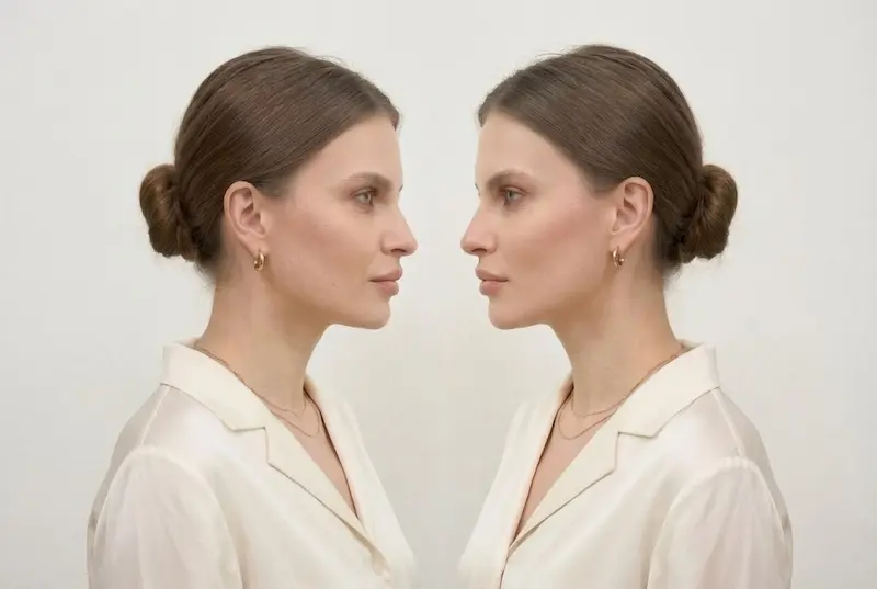 Side-profile comparison of the same woman highlighting subtle facelift results—natural jawline and neck refinement without altering identity.
