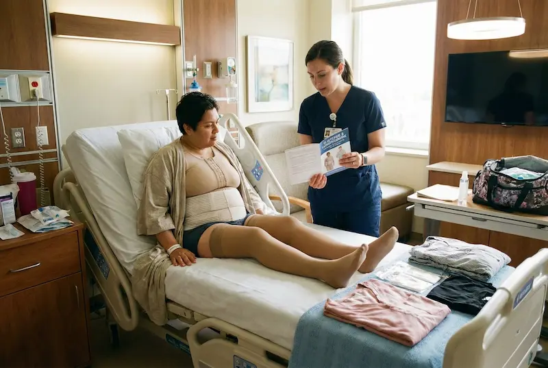 What to pack for plastic surgery abroad: patient wearing compression garment as nurse reviews clothing and dressing essentials.