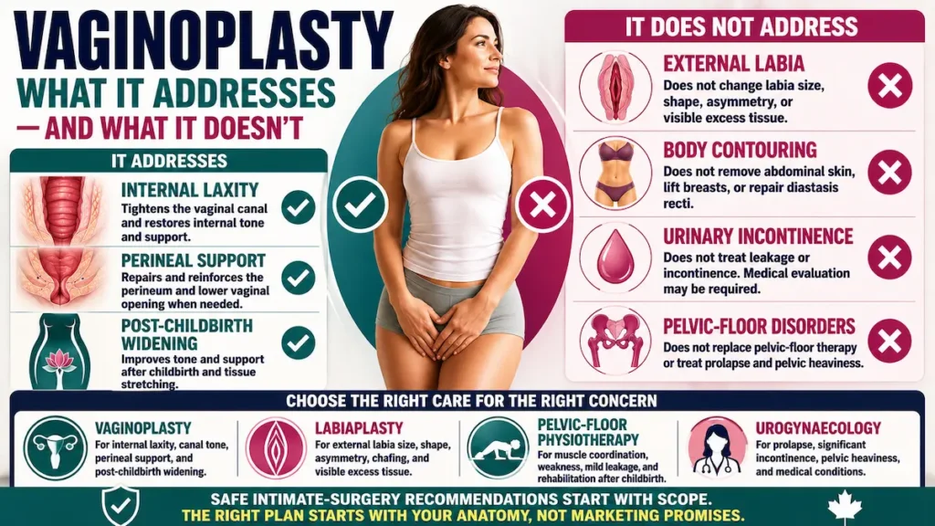 Vaginoplasty in Turkey infographic showing internal laxity, perineal support, and what the procedure does not address.