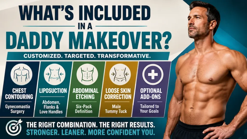 Daddy Makeover component procedures including chest contouring, liposuction, abdominal etching, and loose skin correction.