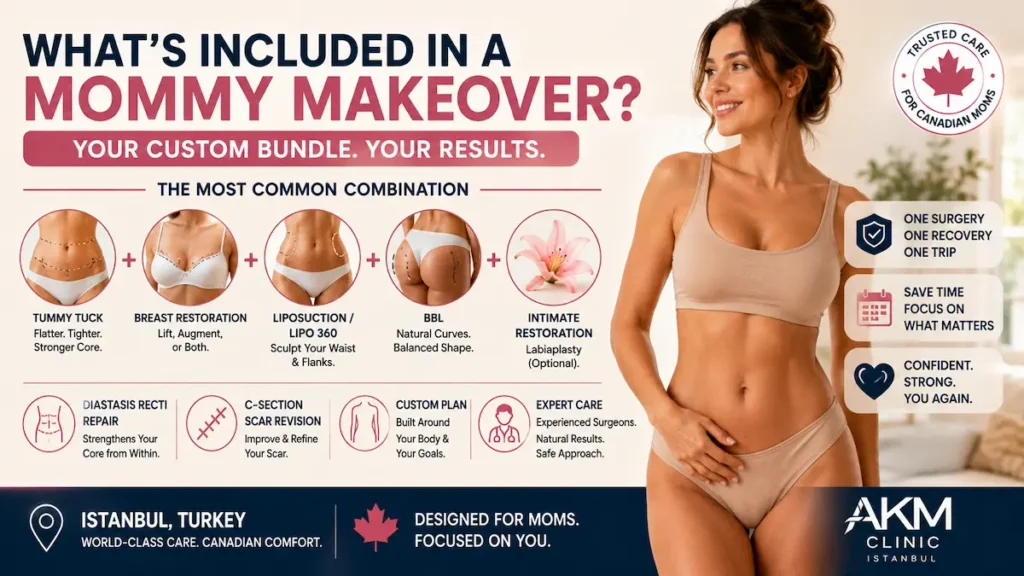 Mommy Makeover components for Canadian mothers, including tummy tuck, breast restoration, liposuction, BBL, and optional intimate restoration.