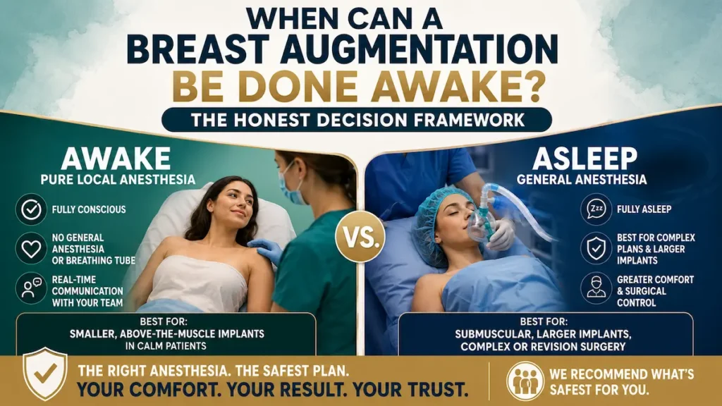 Awake Breast Augmentation decision framework comparing pure local anesthesia with general anesthesia for breast implants.