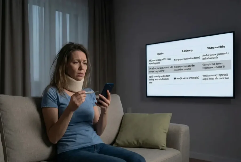 When to worry red flags after flying home: concerned patient checking symptoms on phone, reviewing a decision table for post-op care and urgent evaluation.