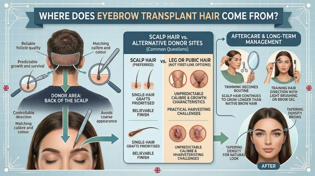 Eyebrow Transplant donor hair infographic showing scalp donor area, single-hair grafts, alternative donor sites and long-term grooming aftercare
