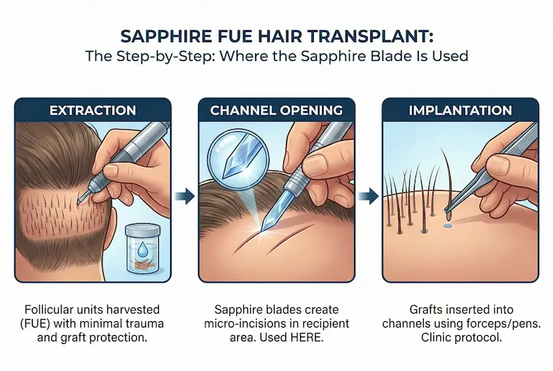 Infographic showing where the sapphire blade is used in a sapphire FUE hair transplant: extraction, channel opening, and implantation steps.