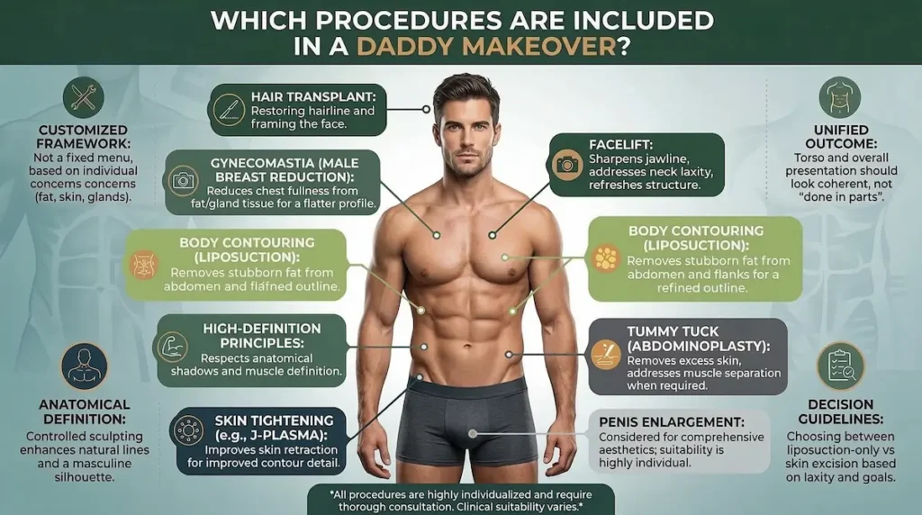 Daddy Makeover infographic showing included procedures: tummy tuck (abdominoplasty), liposuction, gynecomastia surgery, facelift, hair transplant, penis enlargement, and skin tightening.