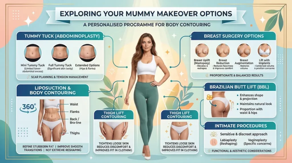 Mummy Makeover procedures infographic showing tummy tuck, breast surgery options, liposuction, BBL, thigh lift, body lift, and intimate procedures.